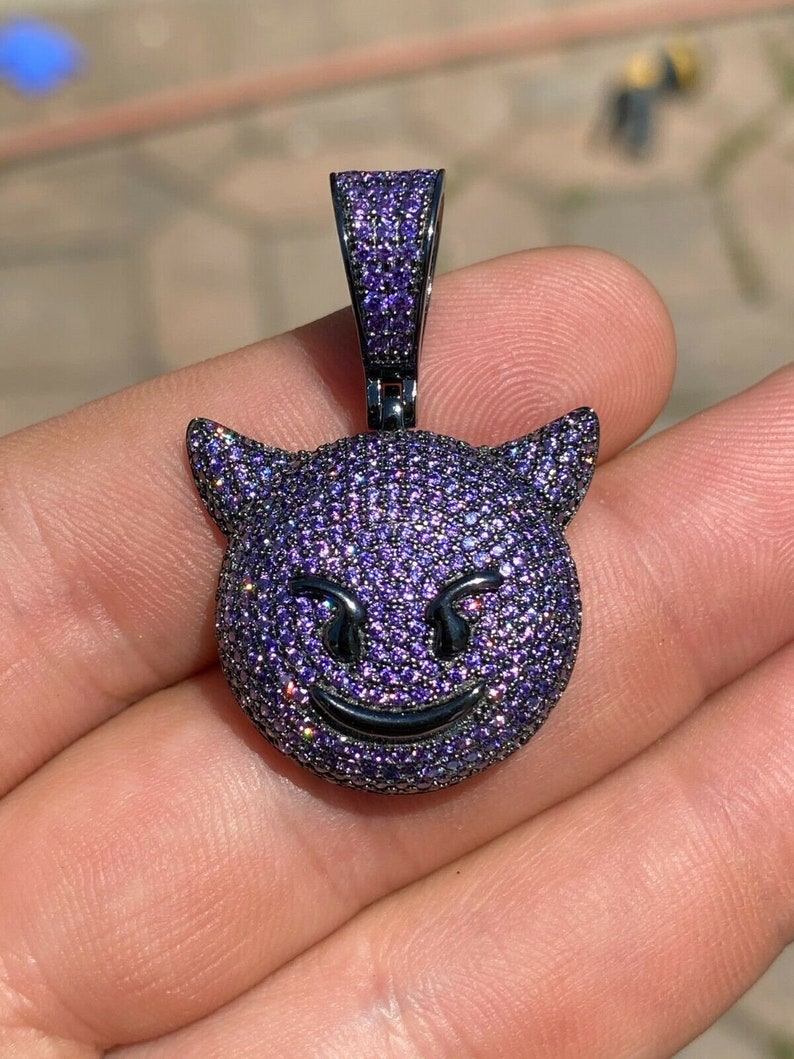 Custom Made Solid 925 Sterling Silver Iced Out Purple Simulated Diamond Hip Hop Devil Face Emoji Pendant image 1