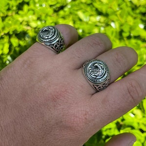 Puede incluir: Dos anillos de plata con un dise&ntilde;o ornamentado que presenta una cabeza de p&aacute;jaro en la cara de cada anillo.