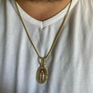 Mens Solid 925 Silver Baguette Virgin Mary Medallion Pendant Iced CZ Mens Solid 925 Silver Baguette Virgin Mary Medallion Pendant Iced CZ