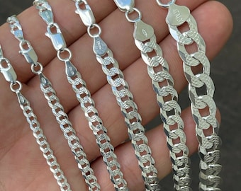 Men's Women's Real Solid 925 Sterling Silver Diamond Cut FLAT Curb Cuban Link Chain Necklace 3mm - 11mm, 16"- 30" OR Bracelets 6" - 8.5"