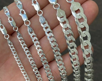 Men's Women's Real Solid 925 Sterling Silver Diamond Cut FLAT Curb Cuban Link Chain Necklace 3mm - 11mm, 16"- 30" OR Bracelets 6" - 8.5"