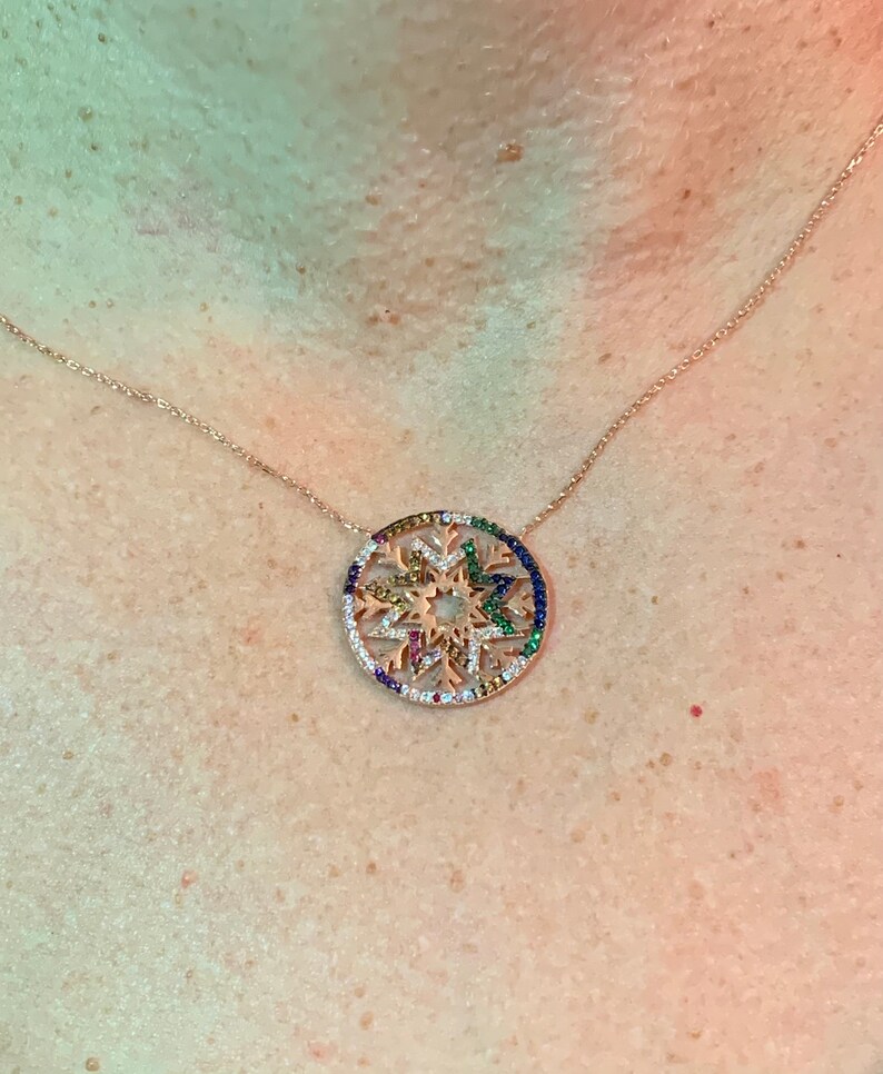 colored stones 17-18 Adjustable. Rose Gold over Solid 925 Sterling Silver Holiday Snowflake Pendant Necklace adorned with multi
