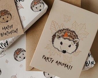 Party Animal for Hedgehog lovers, A6 Hedgehog Birthday Greetings Card