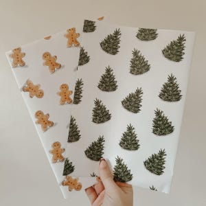 May include: Two sheets of Christmas wrapping paper. One has gingerbread men, the other has green Christmas trees. Both have a white background. The paper is held by a hand.