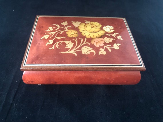 Italy Jewelry Music Box Vintage Wood Inlay Flower