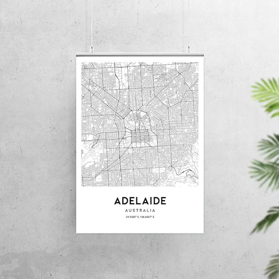 South Australia Wall Art Poster City Wall Decor ADELAIDE Monochrome Map Print