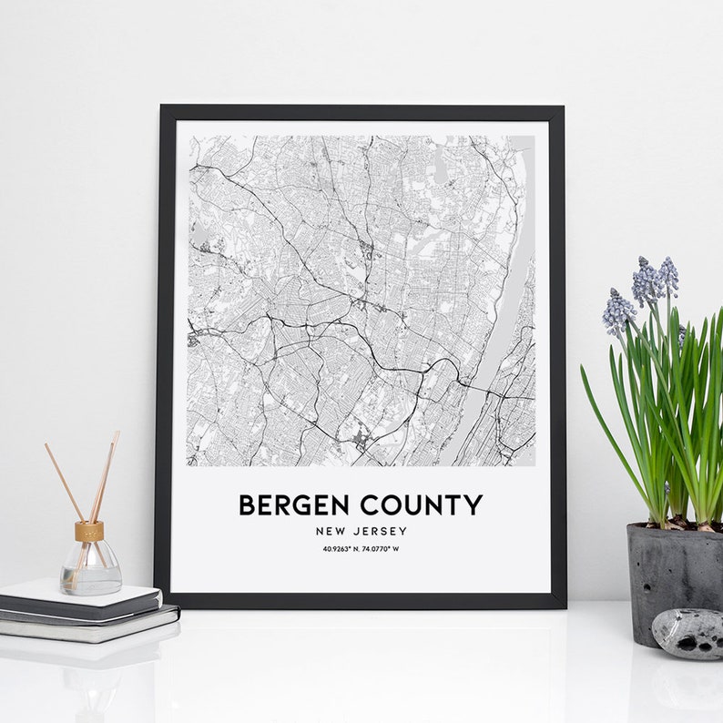 Bergen County map poster print wall art New Jersey Bergen | Etsy