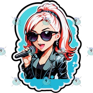 Könnte beinhalten: Cartoon-Illustration einer Sängerin mit rot-weißem Haar, Sonnenbrille und schwarzer Lederjacke, die ein Mikrofon hält. Das Bild hat einen blau-weißen, wolkenartigen Rand.