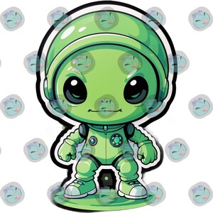 Könnte beinhalten: Ein grüner Cartoon-Astronaut mit einem genähten Mund, der einen grünen Raumanzug mit einem silbernen Emblem trägt. Der Astronaut hat große schwarze Augen und steht auf einer grünen Plattform.