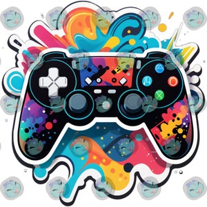 Könnte beinhalten: Ein schwarzer Videospiel-Controller mit bunten abstrakten Designs im Hintergrund. Der Controller hat ein schwarz-weißes Design mit einem blauen Rand.