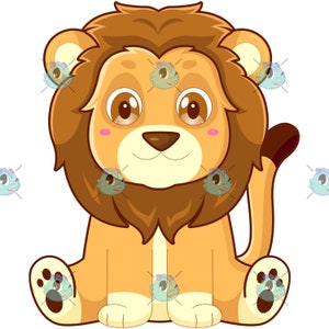 Könnte beinhalten: Eine Cartoon-Illustration eines braunen und gelben Löwen mit einer flauschigen Mähne, der mit gekreuzten Pfoten sitzt. Der Löwe hat einen freundlichen Ausdruck mit großen braunen Augen und einer rosa Nase.