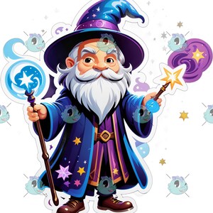 Könnte beinhalten: Cartoon-Illustration eines Zauberers mit langem, weißem Bart, der einen blauen Hut und Umhang trägt. Der Zauberer hält einen Stab mit einer blauen Kugel und einen Zauberstab mit einem Stern. Das Bild hat ein Fantasy-Thema mit Sternen.