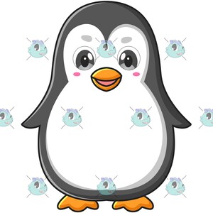 Könnte beinhalten: Ein Cartoon-Pinguin mit schwarzen und weißen Federn, einem gelben Schnabel und großen, runden Augen. Der Pinguin lächelt und hat rosa Wangen.