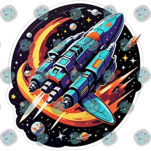 Könnte beinhalten: Ein Aufkleber mit einem stilisierten Raumschiff in einer kosmischen Szene. Das Raumschiff ist hauptsächlich blau und türkis, mit orangefarbenen und gelben Flammen, die aus seinen Triebwerken austreten. Der Hintergrund ist ein dunkler Weltraum voller Sterne, Planeten und eines farbenfrohen Nebels.