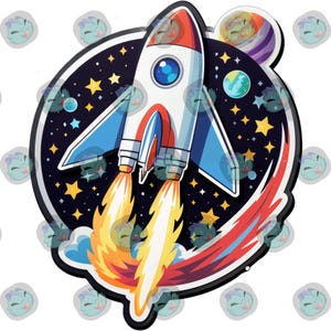 Könnte beinhalten: Ein Cartoon-Aufkleber mit einer weißen, blauen und roten Rakete, die abhebt. Die Rakete ist vor einem dunkelblauen Hintergrund mit Sternen, Planeten und einer bunten Spur dargestellt. Das Design hat eine verspielte, Weltraum-Thematik.