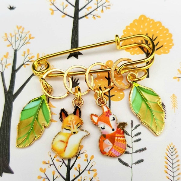 broche tricot renard, feuille, automne, stitch markers, anneaux marqueurs, marqueur de point, accessoire tricot, cadeau tricot, fait main