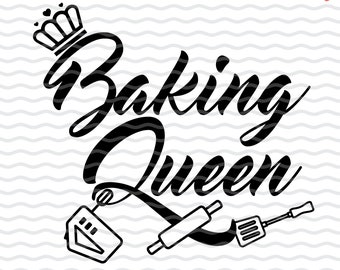 May include: Black and white graphic design with the text "Baking Queen" in a stylized font. A crown is above the text and a rolling pin, spatula, and mixer are below the text.