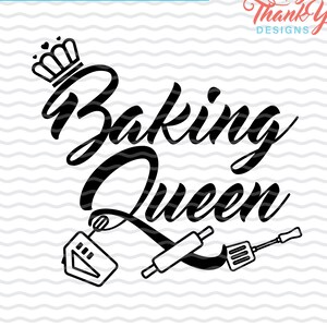 May include: Black and white graphic design with the text "Baking Queen" in a stylized font. A crown is above the text and a rolling pin, spatula, and mixer are below the text.