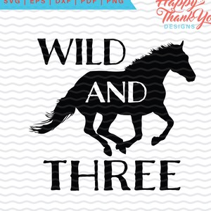 May include: Black and white silhouette of a horse with the words "WILD AND THREE" in white text.