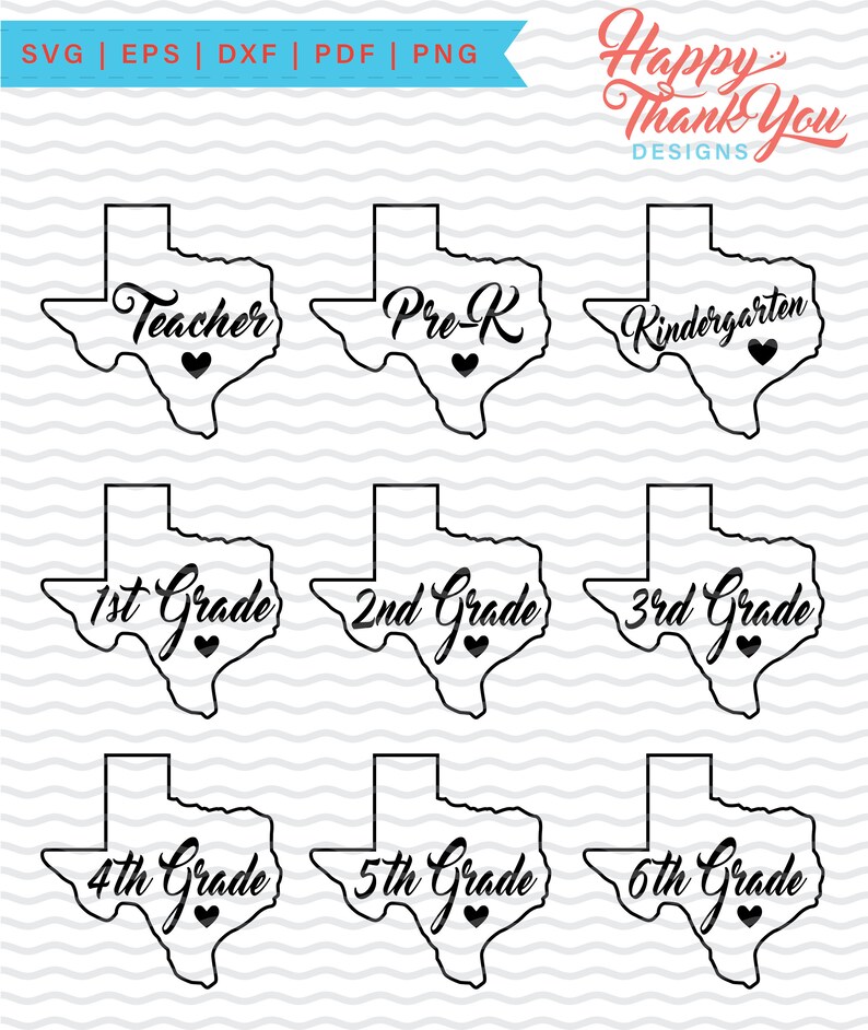 May include: A set of nine black and white outline Texas state shapes with different grade levels written inside each shape. The grade levels include Teacher, Pre-K, Kindergarten, 1st Grade, 2nd Grade, 3rd Grade, 4th Grade, 5th Grade, and 6th Grade. Each shape has a small heart at the bottom.