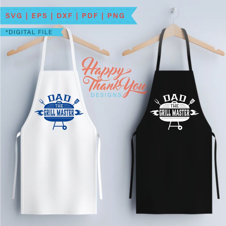 May include: Two white and black aprons with the text "Dad the Grill Master" and a grill graphic. The text is in blue on the white apron and white on the black apron.