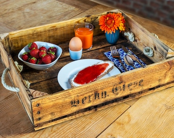 Tray old wood approx. 54 x 35 cm made of waxed and oiled wood of a vintage fruit box, shabby chic with rope