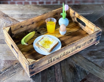 Reclaimed wood tray approx. 54 x 35 cm made of waxed and oiled wood from a vintage fruit crate, shabby chic with handles