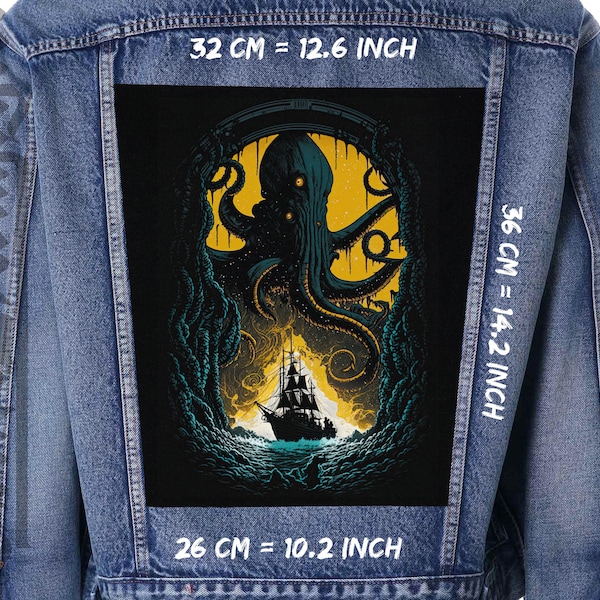 Giant octopus above the ship in the water,Back patch,Backpatch,Patch for Jacket,Vest,Nautical theme,Tentacles,Sea monster,Kraken,Fantasy art