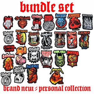 May include: A collection of assorted band patches with various logos and graphics. The patches feature text such as "Accept", "Metallica", and "Slipknot". The words "bundle set" and "brand new = personal collection" are also visible.