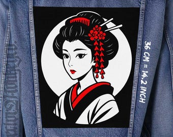 Patch anime Geisha au dos pour veste, gilet et flanelle | Écusson à coudre sur toile 36 x 32 x 26 cm