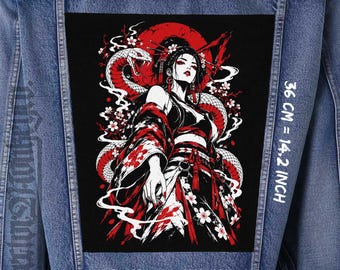 Japanischer Geisha-Schlangen-Rückenaufnäher – zum Aufnähen auf Canvas-Jackenweste