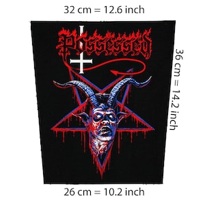 May include: A black fabric patch featuring the word Possessed in red gothic lettering above an inverted white cross and a red pentagram. A horned figure with white eyes is centered, measuring 12.6 inches wide at the top, 10.2 inches wide at the bottom, and 14.2 inches in height.