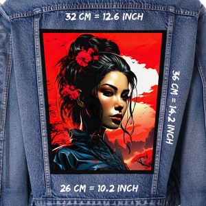 May include: A denim jacket with a large embroidered patch on the back. The patch features a woman with black hair and red flowers in her hair. The background is a red and orange sunset. The patch measures 32 cm wide by 36 cm tall.