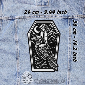 Écusson au dos cercueil corbeau thermocollant - Écusson en flanelle pour veste gothique