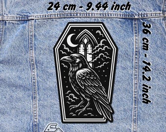 Raven Coffin Back Patch Iron On – Gothic Jacket Vest Flannel Patch