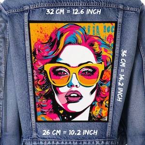 Fille pop art, Patch dans le dos, Patch dans le dos, toile noire, Patch veste, Célèbre, Beauté, Femme, Lunettes de soleil, Lumineux
