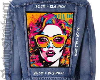 Pop Art Girl,Back patch,Backpatch,black canvas,Jacket patch,Famous,Beauty,Woman,Sunglass,Bright