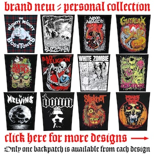 May include: A selection of black backpatches displaying band logos and artwork. The patches showcase designs for bands such as The Mighty Mighty Bosstones, Buzzoven, Amon Amarth, and White Zombie. The text at the top reads "brand new personal collection".