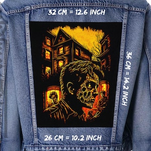 May include: A black and orange embroidered patch featuring a house with windows and a man with a zombie-like face. The patch is 32 cm wide, 36 cm tall, and 26 cm deep.