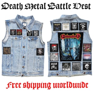 May include: Light blue denim vest with multiple patches featuring band logos and artwork. The vest has a button-up front and a collared neckline. The text "Death Metal Battle Vest" is at the top.