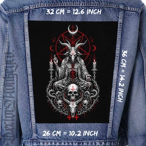 May include: A denim jacket with a large, black patch featuring a detailed illustration of Baphomet, a goat-headed deity, surrounded by occult symbols. The patch measures 12.6 inches by 14.2 inches and 10.2 inches.