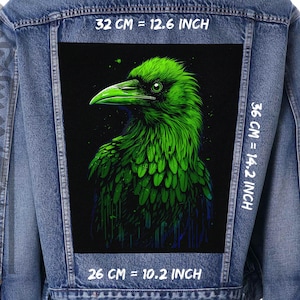 May include: A green crow with black eyes on a black background. The crow is 32 cm (12.6 inches) wide, 36 cm (14.2 inches) tall, and 26 cm (10.2 inches) deep.