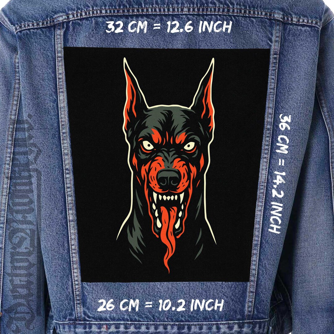 Doberman Dog Back Patch: Sew on Canvas, Punk Biker Style (36x32x26
