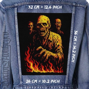 May include: A denim jacket with a large, rectangular patch featuring a zombie design. The patch, measuring 12.6 inches by 14.2 inches, depicts three zombies with fiery flames at the bottom. The patch is 10.2 inches wide.