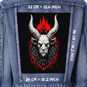 May include: A black and red iron-on patch featuring a demonic goat head with horns and a red background. The patch is 32 cm wide, 36 cm tall, and 26 cm deep.