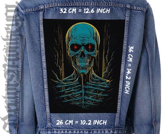 Skeleton,Back patch,Backpatch,black canvas,Jacket patch,Burning demon,Hellfire,bones,robot