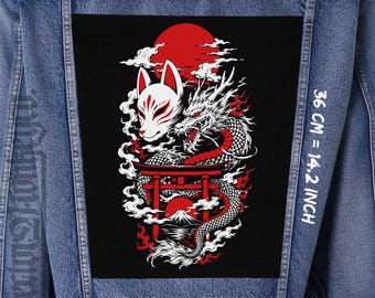 Naszywka z japońskim smokiem Kitsune na plecach, 36 x 26 cm, naszywka na kurtkę, na płótnie