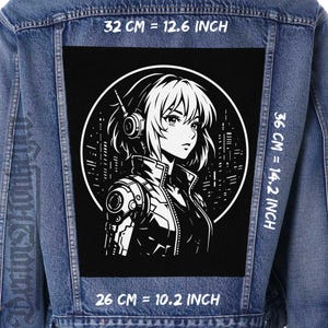 May include: A denim jacket with a large black patch featuring a white anime-style illustration of a woman with headphones. The patch measures 26 cm by 32 cm, with a height of 36 cm. The background includes a cityscape.