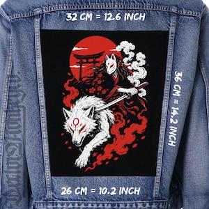 May include: A blue denim jacket featuring a large rectangular back patch with a graphic of a figure in a fox mask and kimono wielding a katana, riding a white wolf. The patch measures 12.6 inches by 14.2 inches, with a 10.2 inch base width.