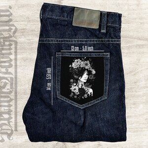 Girl with Flowers Denim Pocket Patch: Sew-On Cotton Canvas
